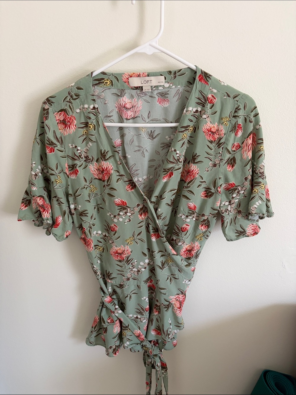 LOFT Green Floral Wrap Blouse with Pink Blooms